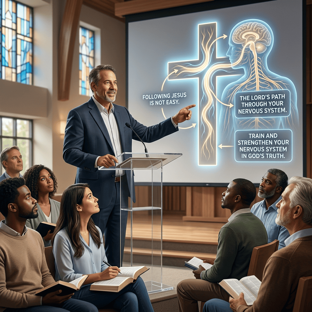 Speaker presents: “Following Jesus is not easy. The Lord’s path through your nervous system. Train and strengthen your nervous system in God’s truth.”